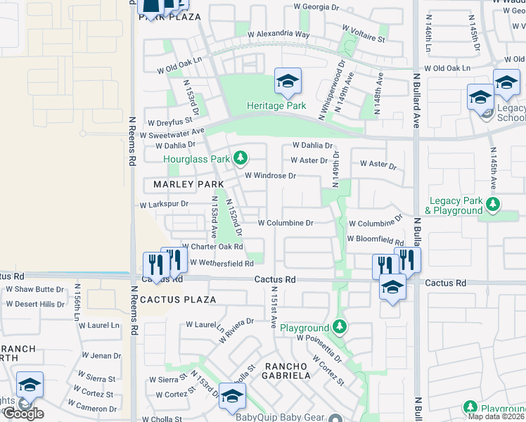 map of restaurants, bars, coffee shops, grocery stores, and more near 12574 North 151st Drive in Surprise
