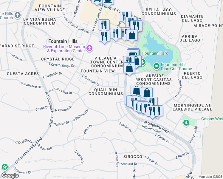 map of restaurants, bars, coffee shops, grocery stores, and more near 16657 East Gunsight Drive in Fountain Hills