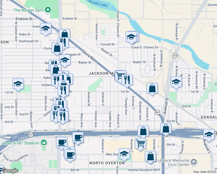 map of restaurants, bars, coffee shops, grocery stores, and more near 107 North Uvalde Avenue in Lubbock