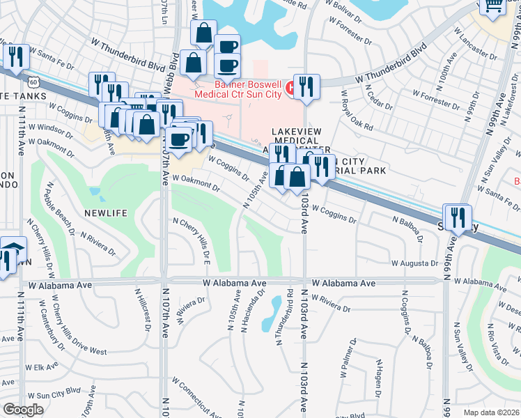 map of restaurants, bars, coffee shops, grocery stores, and more near 10432 West Oakmont Drive in Sun City