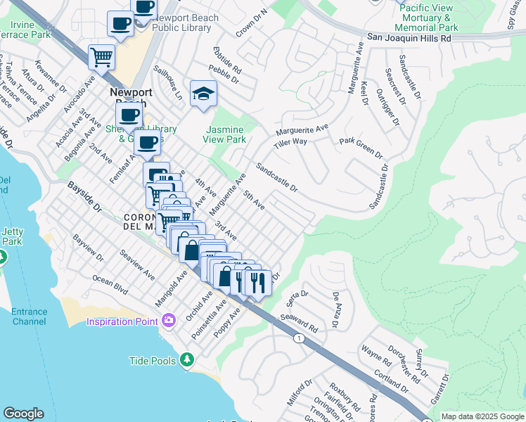 map of restaurants, bars, coffee shops, grocery stores, and more near 415 1/2 Narcissus Avenue in Newport Beach