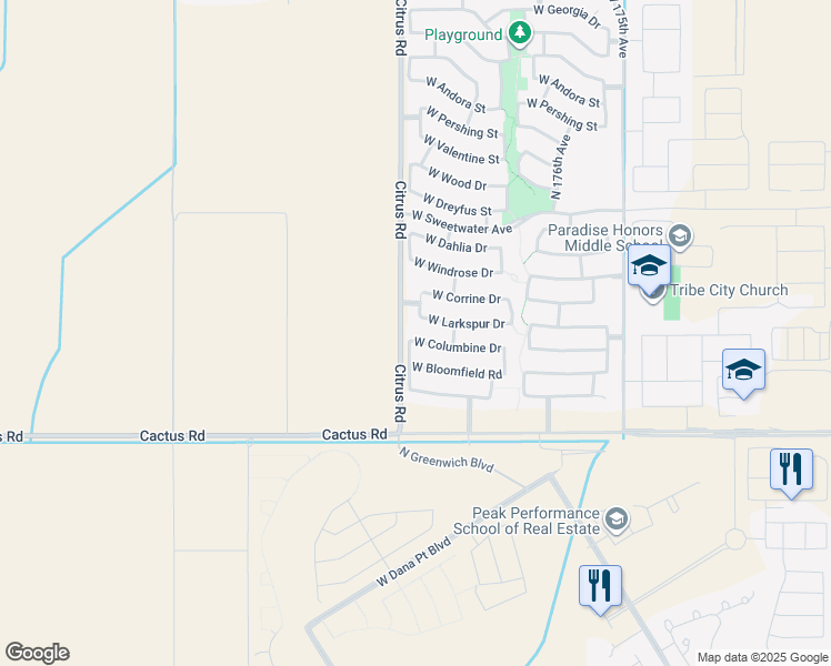 map of restaurants, bars, coffee shops, grocery stores, and more near 17857 West Larkspur Drive in Surprise