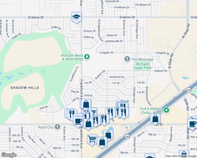 map of restaurants, bars, coffee shops, grocery stores, and more near 5715 1st Street in Lubbock