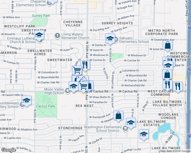 map of restaurants, bars, coffee shops, grocery stores, and more near 3413 West Bloomfield Road in Phoenix