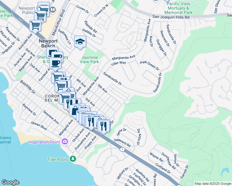 map of restaurants, bars, coffee shops, grocery stores, and more near in Newport Beach