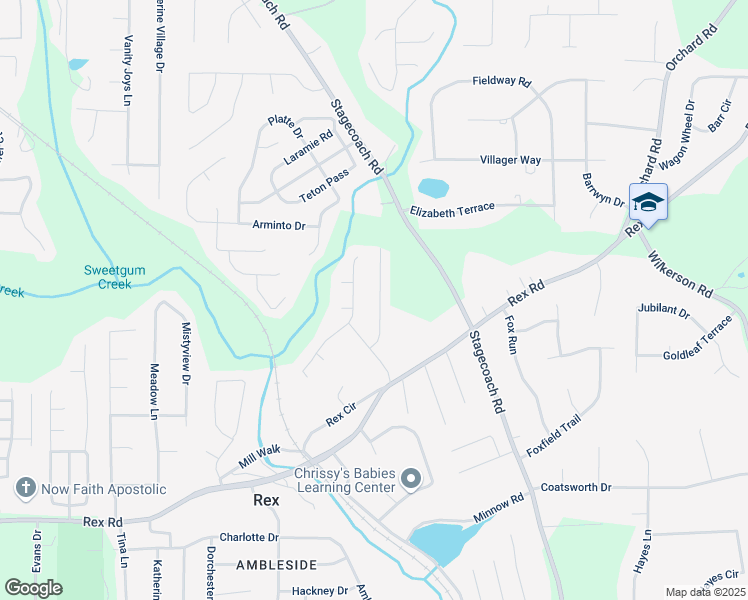 map of restaurants, bars, coffee shops, grocery stores, and more near 5715 Rex Mill Creek in Rex