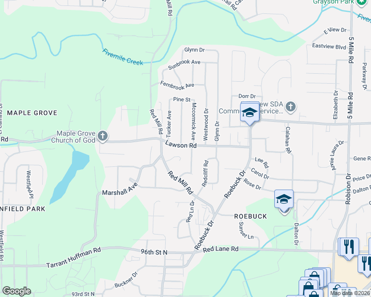 map of restaurants, bars, coffee shops, grocery stores, and more near 315 Lawson Road in Birmingham