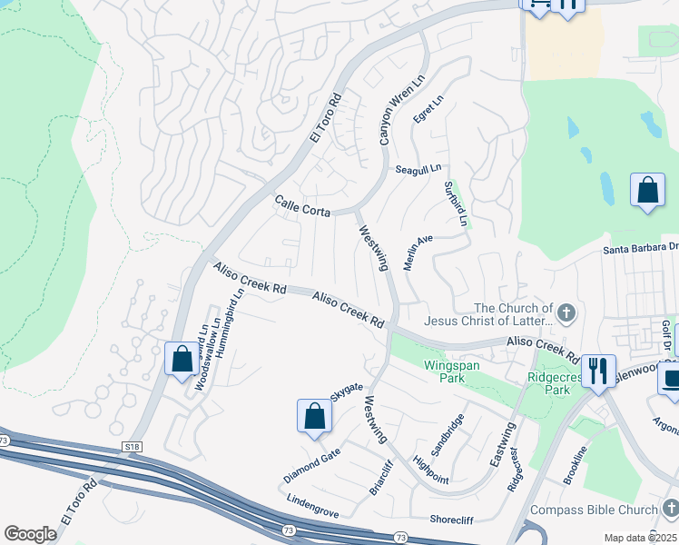map of restaurants, bars, coffee shops, grocery stores, and more near 34 Chickadee Lane in Aliso Viejo