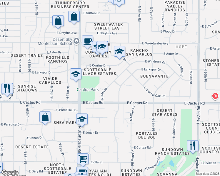 map of restaurants, bars, coffee shops, grocery stores, and more near 12401 North 74th Street in Scottsdale