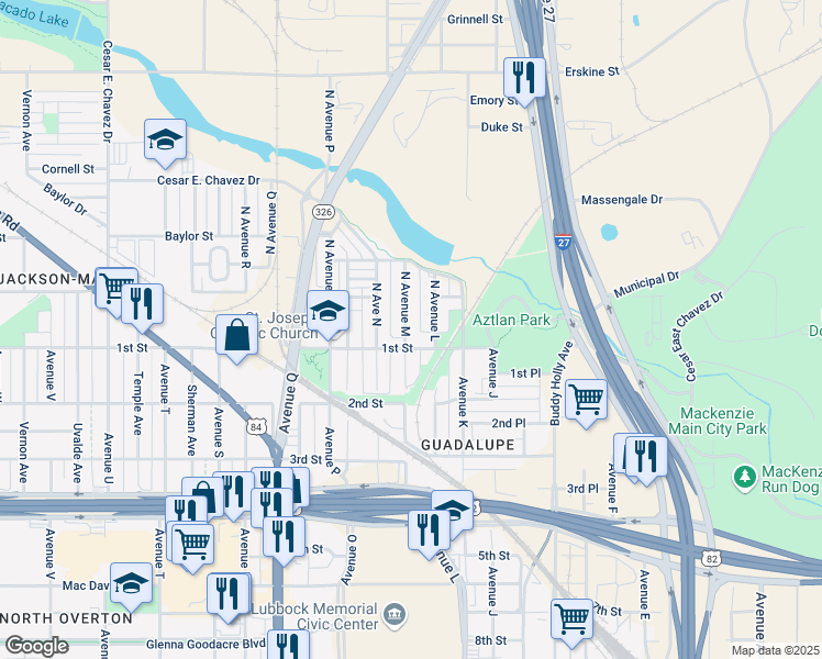 map of restaurants, bars, coffee shops, grocery stores, and more near 106 North Avenue M in Lubbock