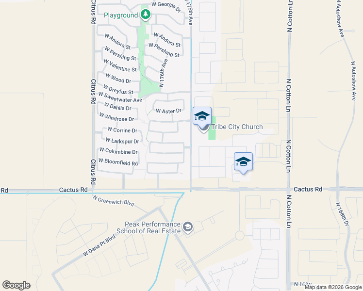 map of restaurants, bars, coffee shops, grocery stores, and more near 17339 West Larkspur Drive in Surprise