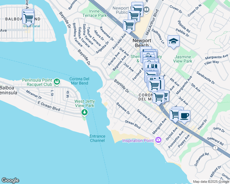 map of restaurants, bars, coffee shops, grocery stores, and more near 2601 Seaview Avenue in Newport Beach