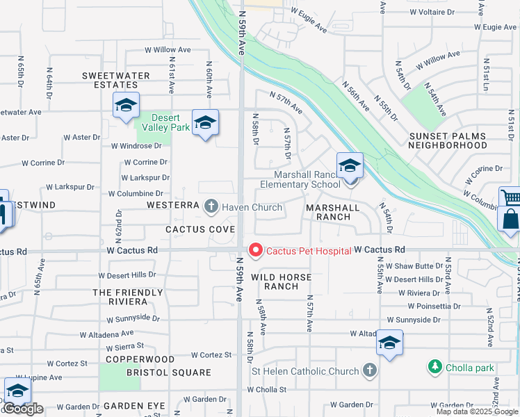 map of restaurants, bars, coffee shops, grocery stores, and more near 5845 West Bloomfield Road in Glendale