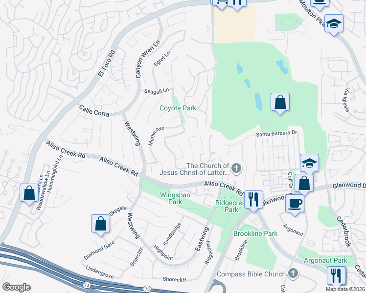 map of restaurants, bars, coffee shops, grocery stores, and more near 12 Dove Street in Aliso Viejo