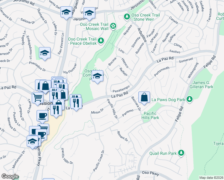map of restaurants, bars, coffee shops, grocery stores, and more near 27571 Pasatiempo in Mission Viejo