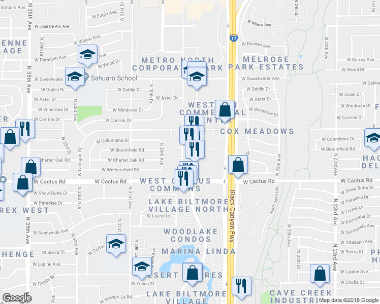 map of restaurants, bars, coffee shops, grocery stores, and more near 12418 North 28th Drive in Phoenix