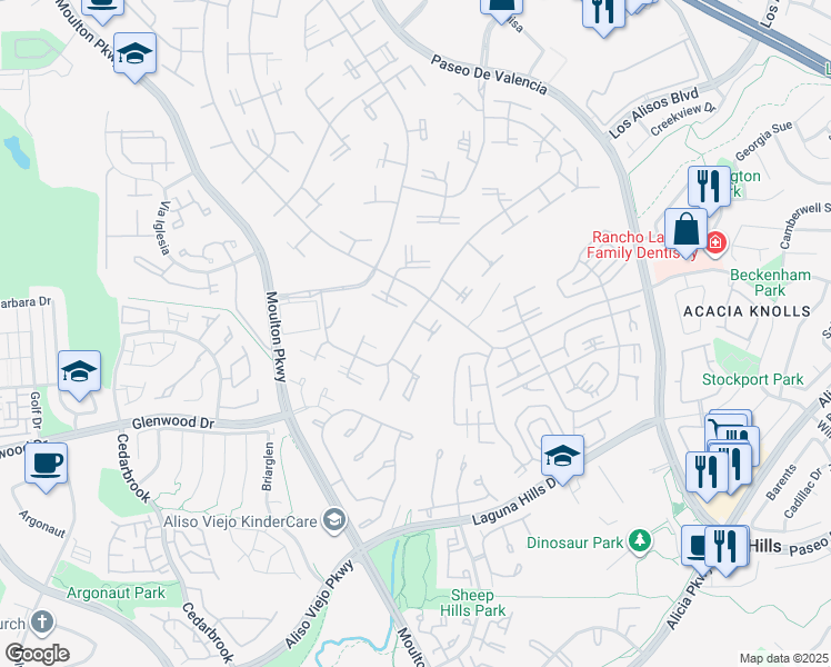 map of restaurants, bars, coffee shops, grocery stores, and more near 921 Avenida Majorca in Laguna Woods