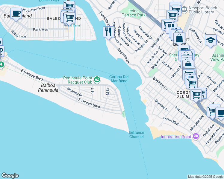 map of restaurants, bars, coffee shops, grocery stores, and more near 2117 East Balboa Boulevard in Newport Beach