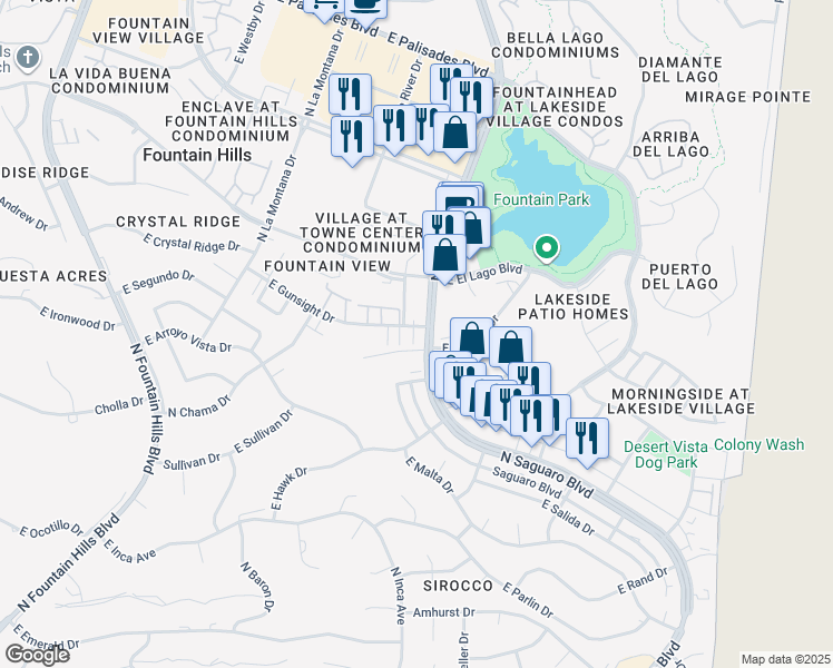 map of restaurants, bars, coffee shops, grocery stores, and more near 16819 East Gunsight Drive in Fountain Hills