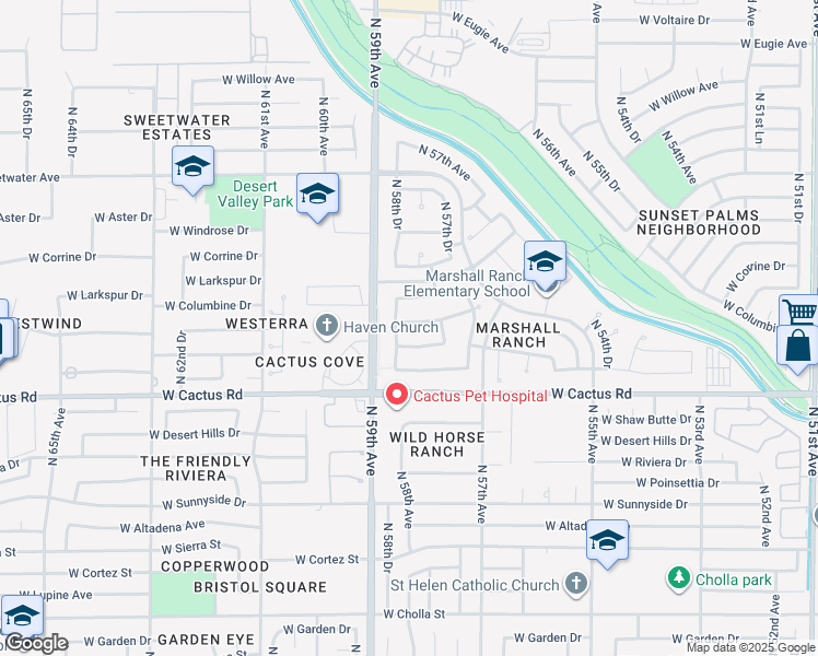 map of restaurants, bars, coffee shops, grocery stores, and more near 5845 West Bloomfield Road in Glendale