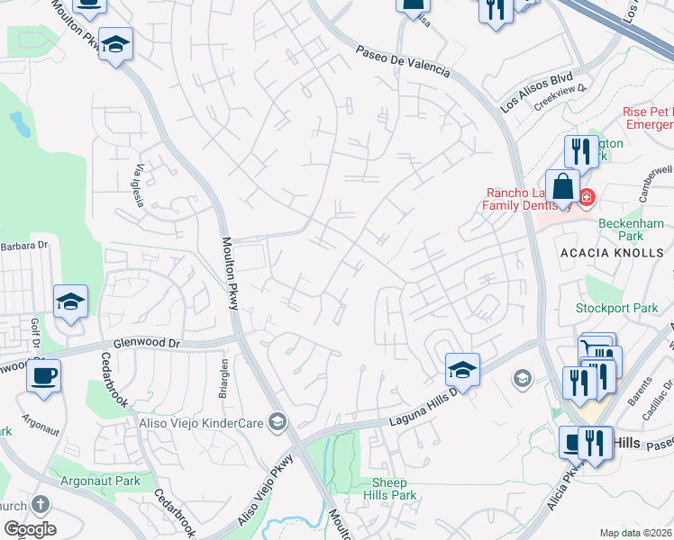 map of restaurants, bars, coffee shops, grocery stores, and more near 921 Avenida Majorca in Laguna Woods