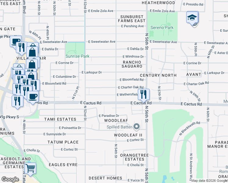 map of restaurants, bars, coffee shops, grocery stores, and more near 5402 East Wethersfield Road in Scottsdale