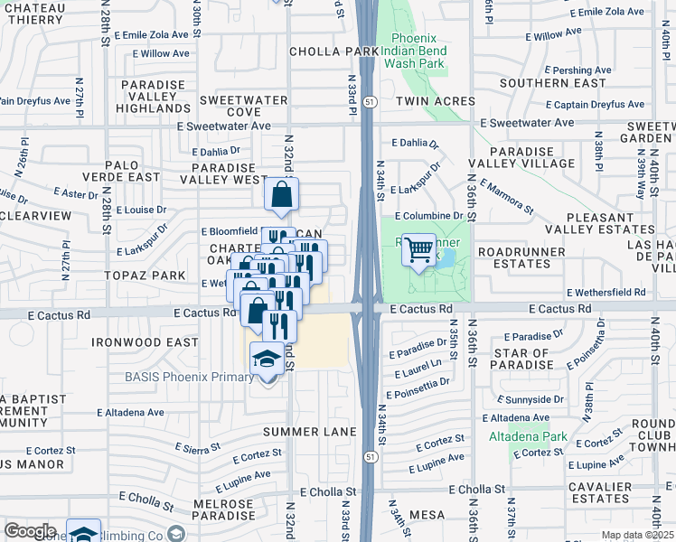 map of restaurants, bars, coffee shops, grocery stores, and more near 3323 East Charter Oak Road in Phoenix