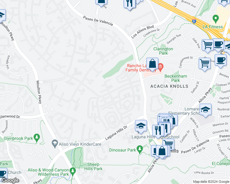 map of restaurants, bars, coffee shops, grocery stores, and more near 668 Via Mendoza in Laguna Woods