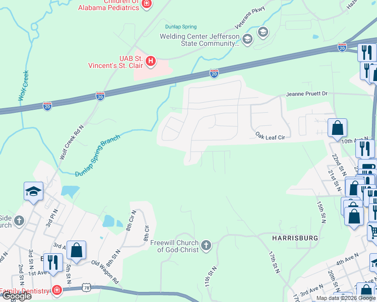 map of restaurants, bars, coffee shops, grocery stores, and more near 609 Deerwood Drive in Pell City