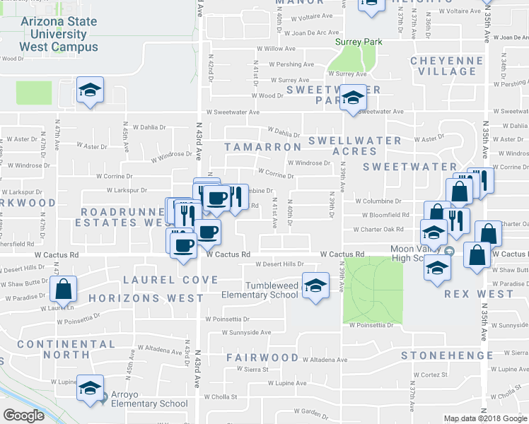 map of restaurants, bars, coffee shops, grocery stores, and more near 12407 North 41st Drive in Phoenix