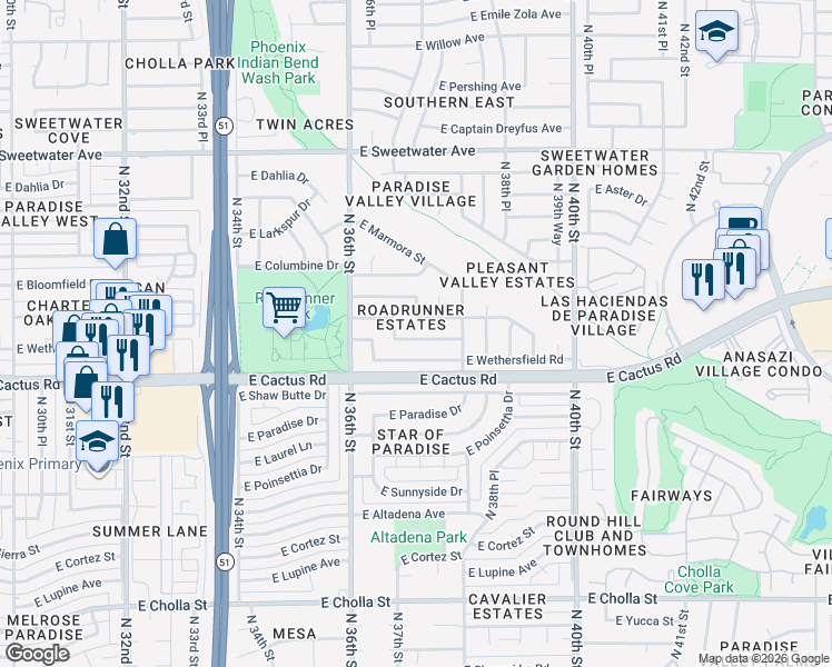 map of restaurants, bars, coffee shops, grocery stores, and more near 3722 East Charter Oak Road in Phoenix