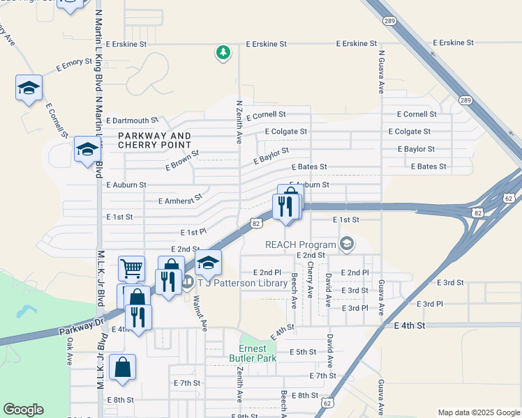 map of restaurants, bars, coffee shops, grocery stores, and more near 2617 Parkway Drive in Lubbock
