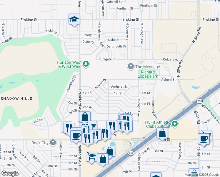 map of restaurants, bars, coffee shops, grocery stores, and more near 5625 Amherst Street in Lubbock