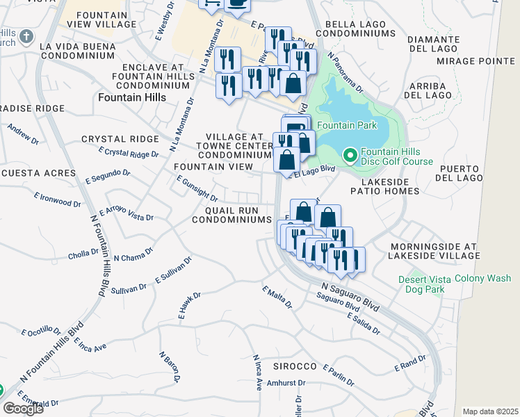 map of restaurants, bars, coffee shops, grocery stores, and more near 16745 East Gunsight Drive in Fountain Hills