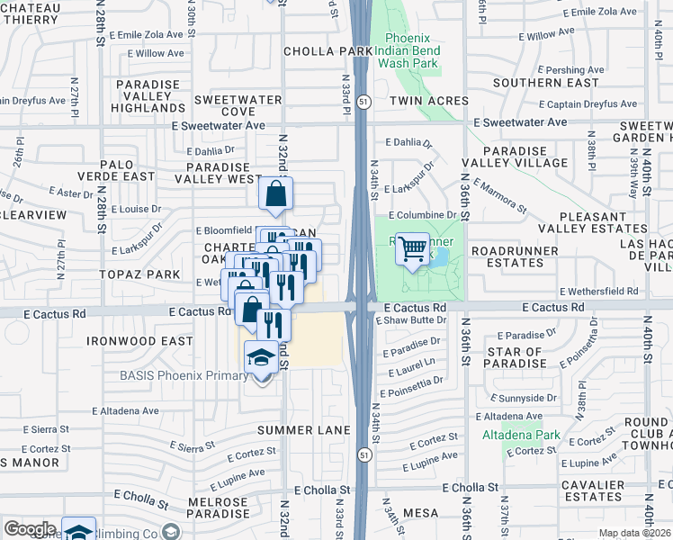 map of restaurants, bars, coffee shops, grocery stores, and more near 3323 East Charter Oak Road in Phoenix