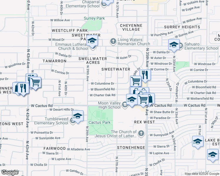 map of restaurants, bars, coffee shops, grocery stores, and more near 3740 West Bloomfield Road in Phoenix