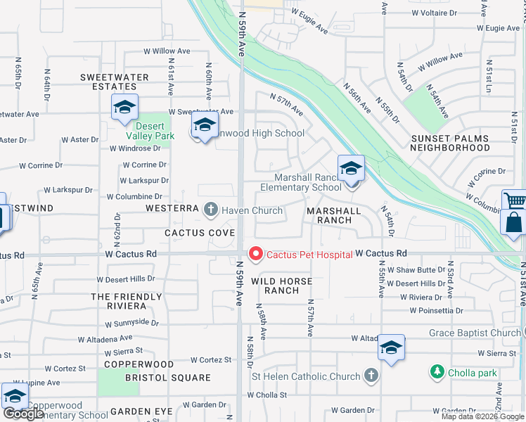 map of restaurants, bars, coffee shops, grocery stores, and more near 5845 West Bloomfield Road in Glendale