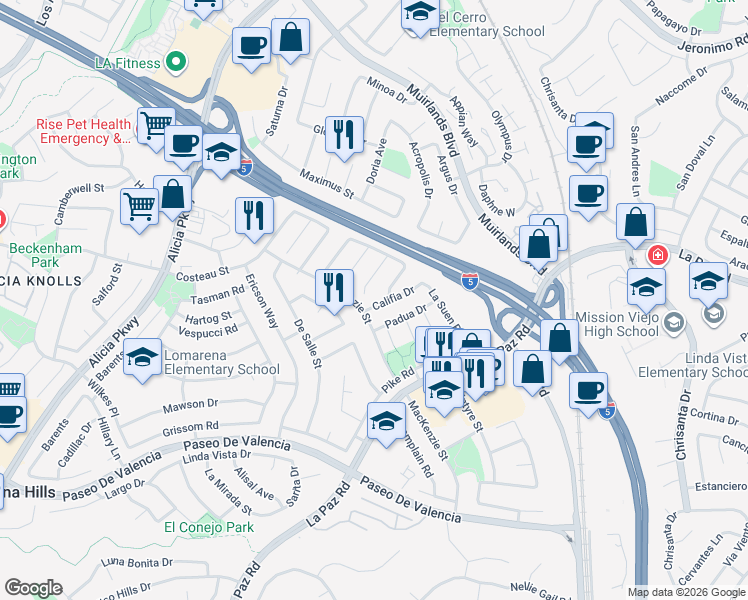 map of restaurants, bars, coffee shops, grocery stores, and more near 25651 Califia Drive in Laguna Hills