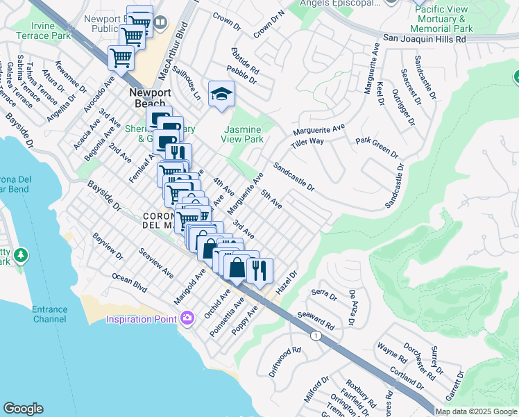 map of restaurants, bars, coffee shops, grocery stores, and more near 704 1/2 Marigold Avenue in Newport Beach