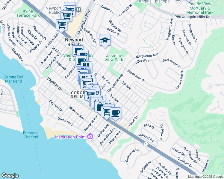 map of restaurants, bars, coffee shops, grocery stores, and more near 610 Marguerite Avenue in Newport Beach