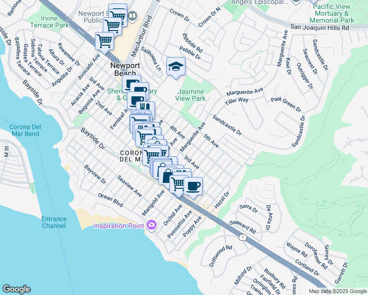 map of restaurants, bars, coffee shops, grocery stores, and more near 610 Marguerite Avenue in Newport Beach