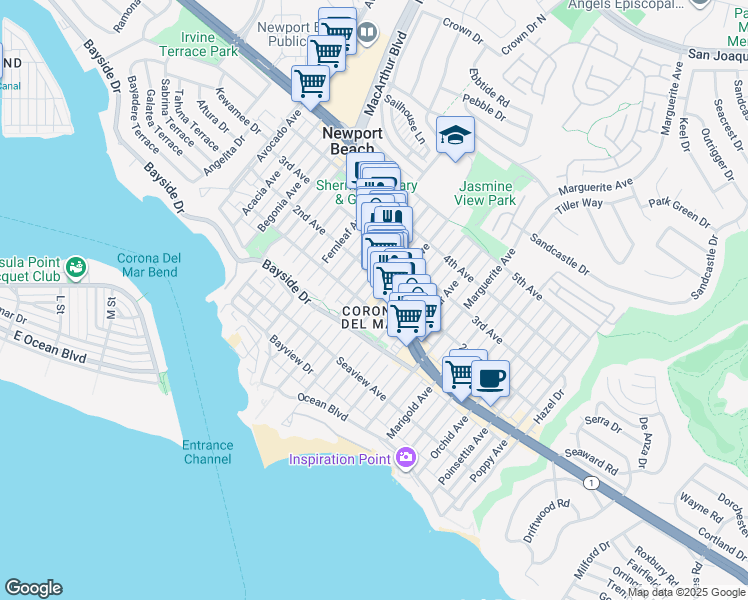 map of restaurants, bars, coffee shops, grocery stores, and more near in Newport Beach