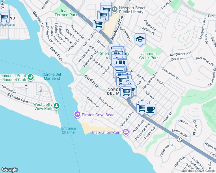 map of restaurants, bars, coffee shops, grocery stores, and more near 406 Goldenrod Avenue in Newport Beach