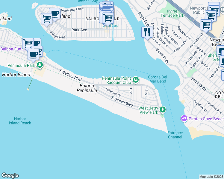 map of restaurants, bars, coffee shops, grocery stores, and more near 1516 Miramar Drive in Newport Beach