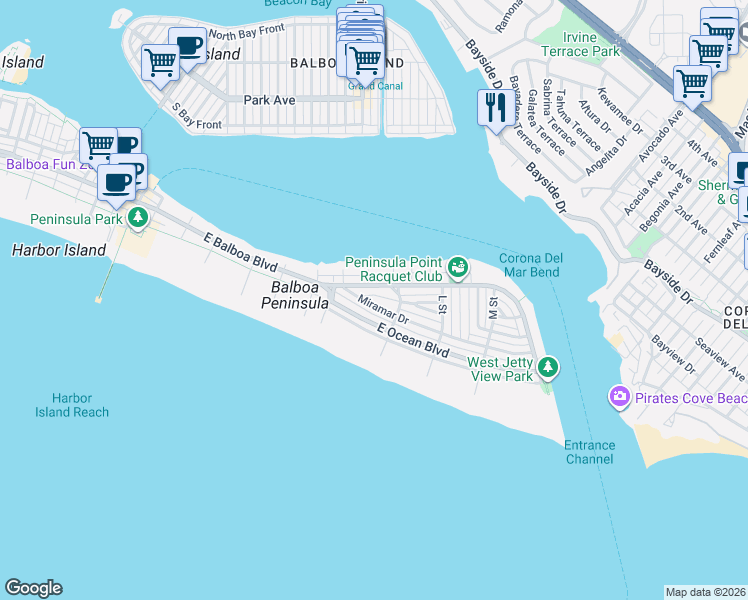 map of restaurants, bars, coffee shops, grocery stores, and more near 1516 Miramar Drive in Newport Beach