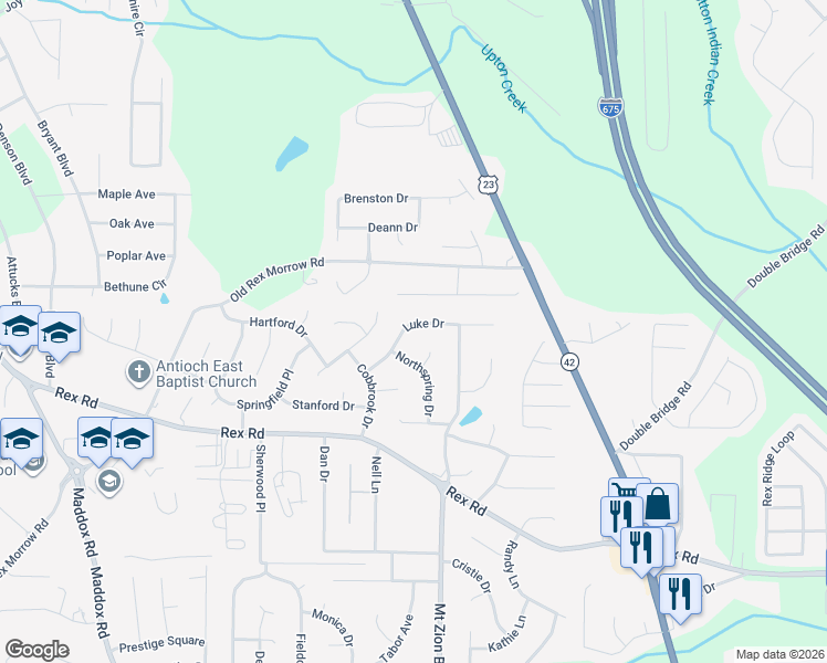 map of restaurants, bars, coffee shops, grocery stores, and more near 2653 Luke Drive in Ellenwood
