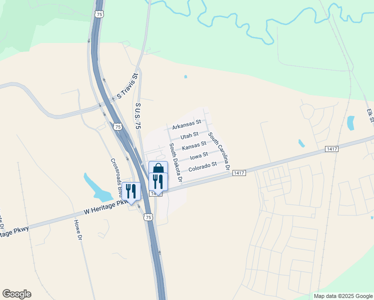 map of restaurants, bars, coffee shops, grocery stores, and more near 302 Kansas Street in Sherman