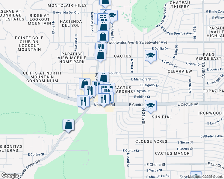 map of restaurants, bars, coffee shops, grocery stores, and more near 12250 North Escobar Way in Phoenix