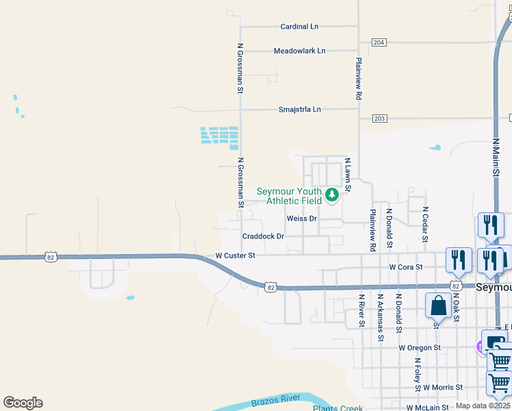 map of restaurants, bars, coffee shops, grocery stores, and more near 1105 Westview Drive in Seymour