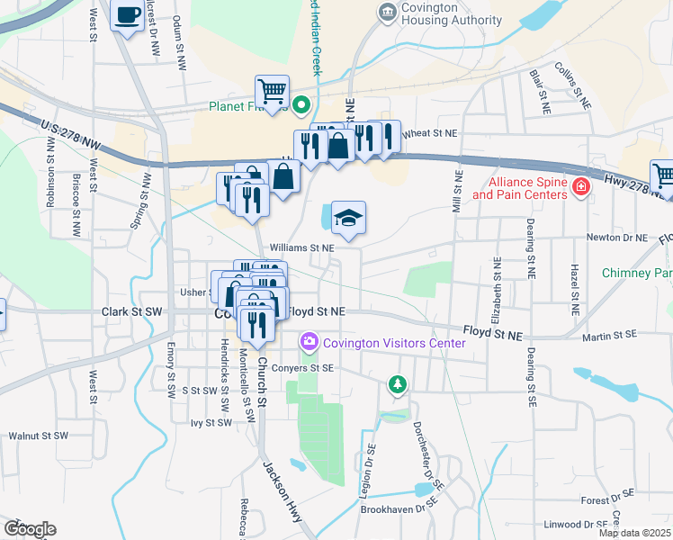 map of restaurants, bars, coffee shops, grocery stores, and more near 2159 East Saint Northeast in Covington